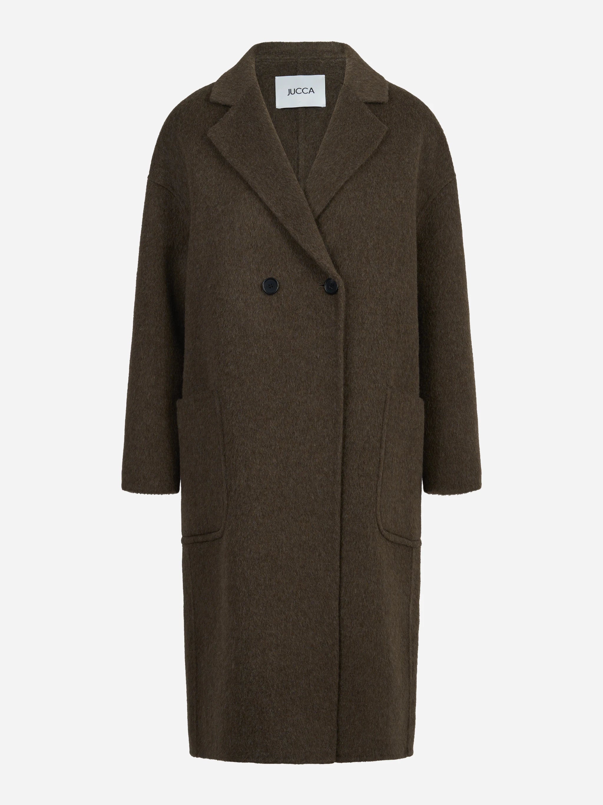 Cappotto over doppiopetto in lana e yak marrone - vista frontale