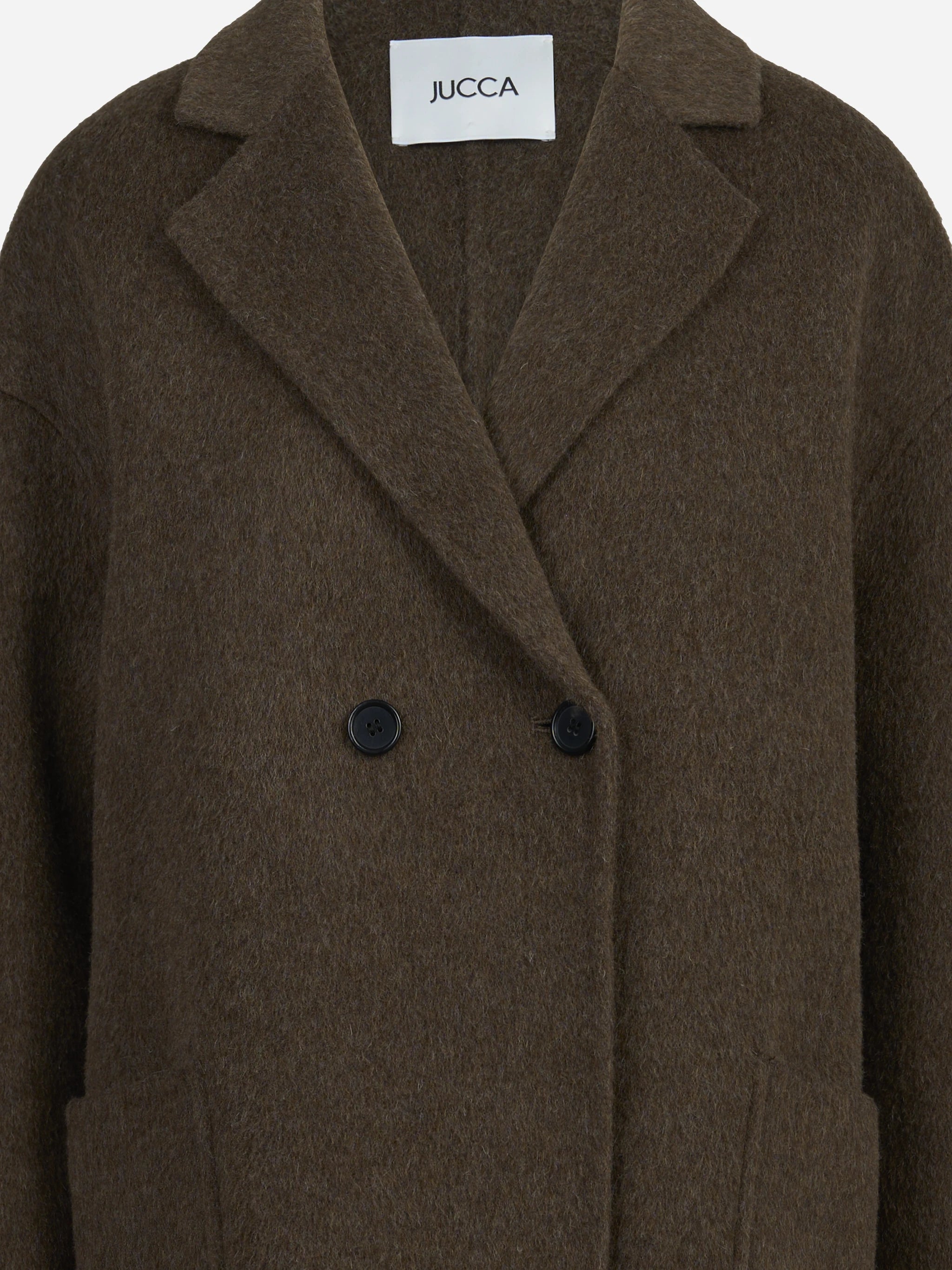 Cappotto over doppiopetto in lana e yak marrone - dettaglio prodotto