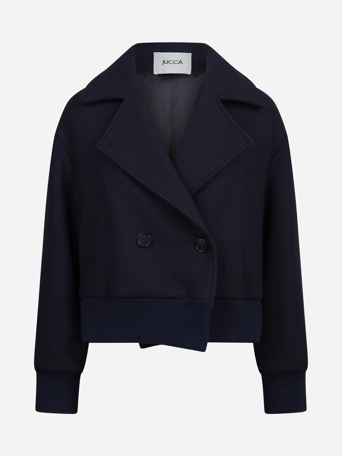 Giacca cropped doppiopetto in lana blu - vista frontale