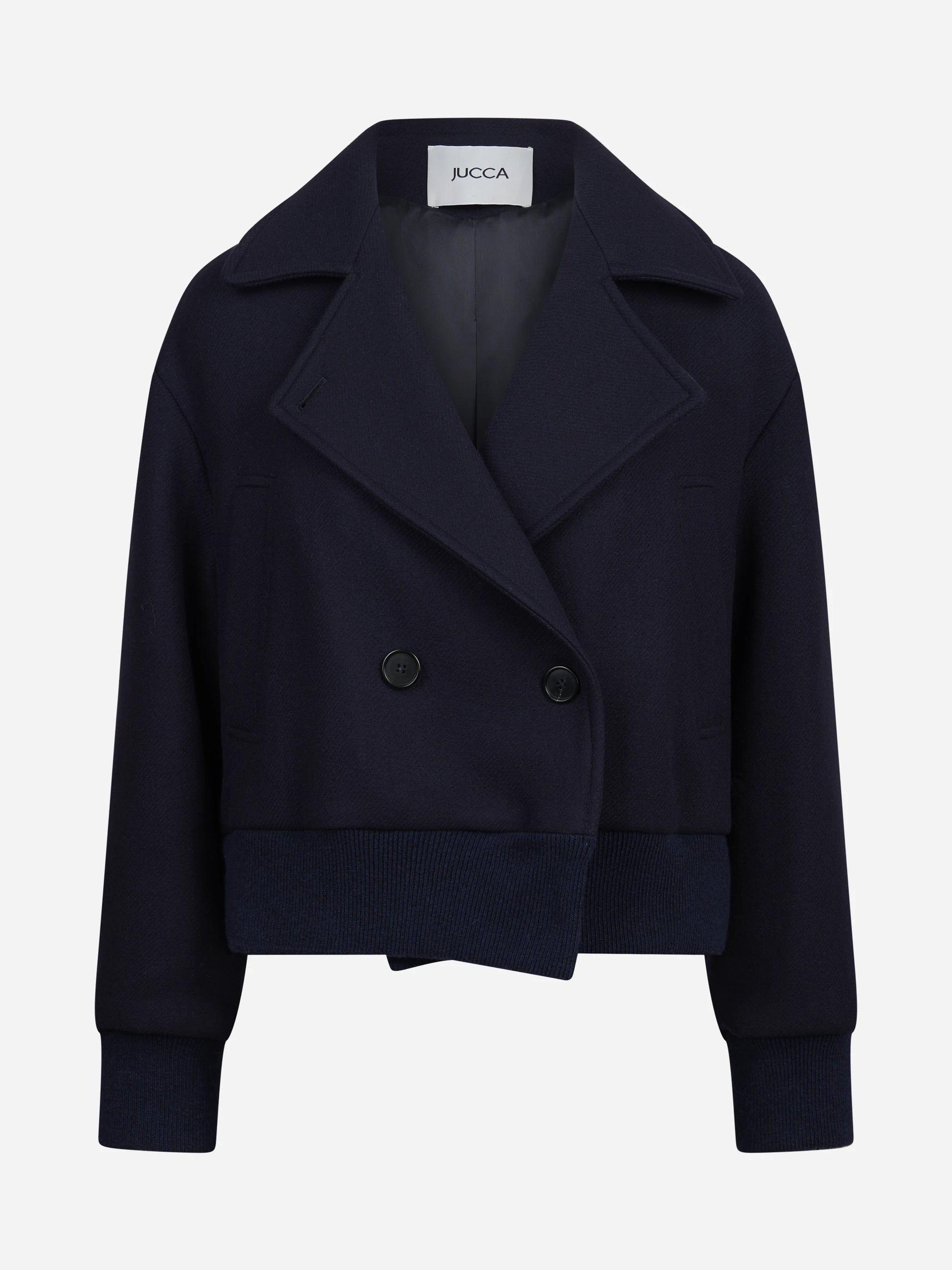 Giacca cropped doppiopetto in lana blu - vista frontale
