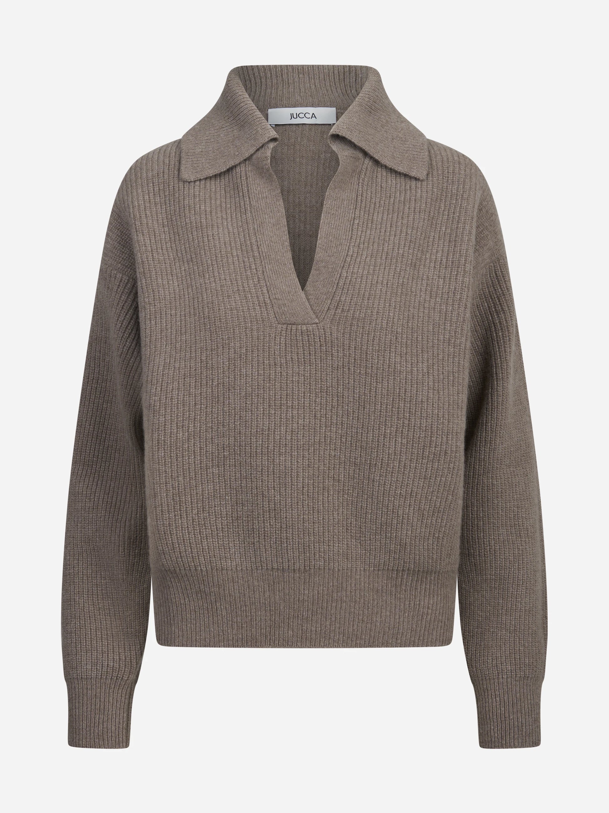 Cardigan in lana a coste con zip marrone - vista frontale