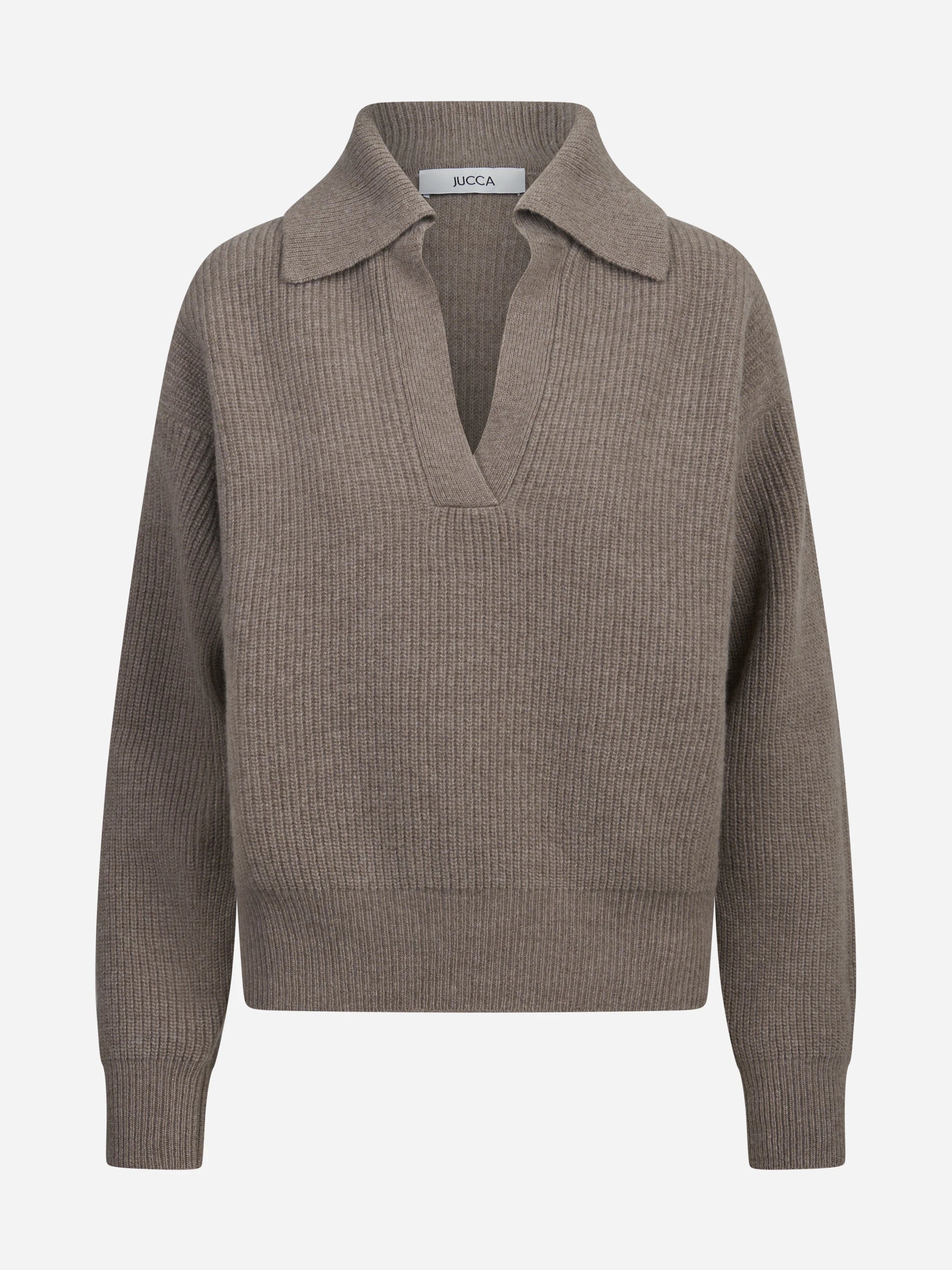 Cardigan in lana a coste con zip marrone - vista frontale