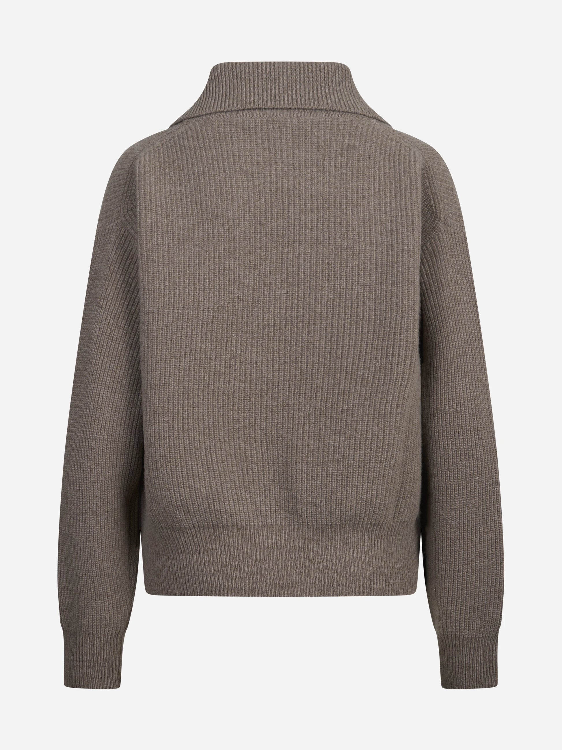 Cardigan in lana a coste con zip marrone - vista posteriore