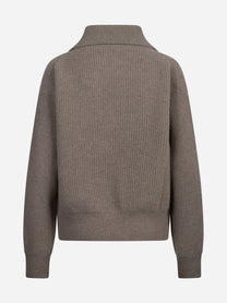 Cardigan in lana a coste con zip marrone - vista posteriore