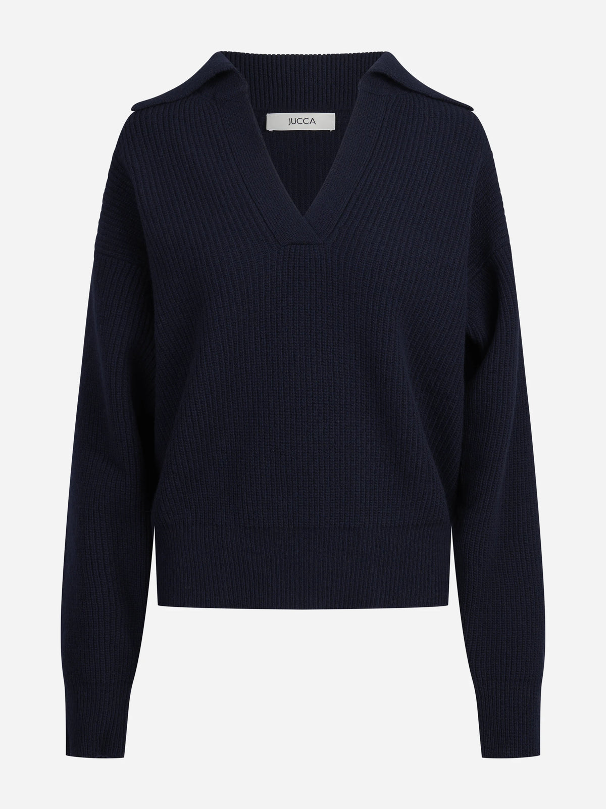 Cardigan in lana con zip e lavorazione a pannocchia blu - vista frontale