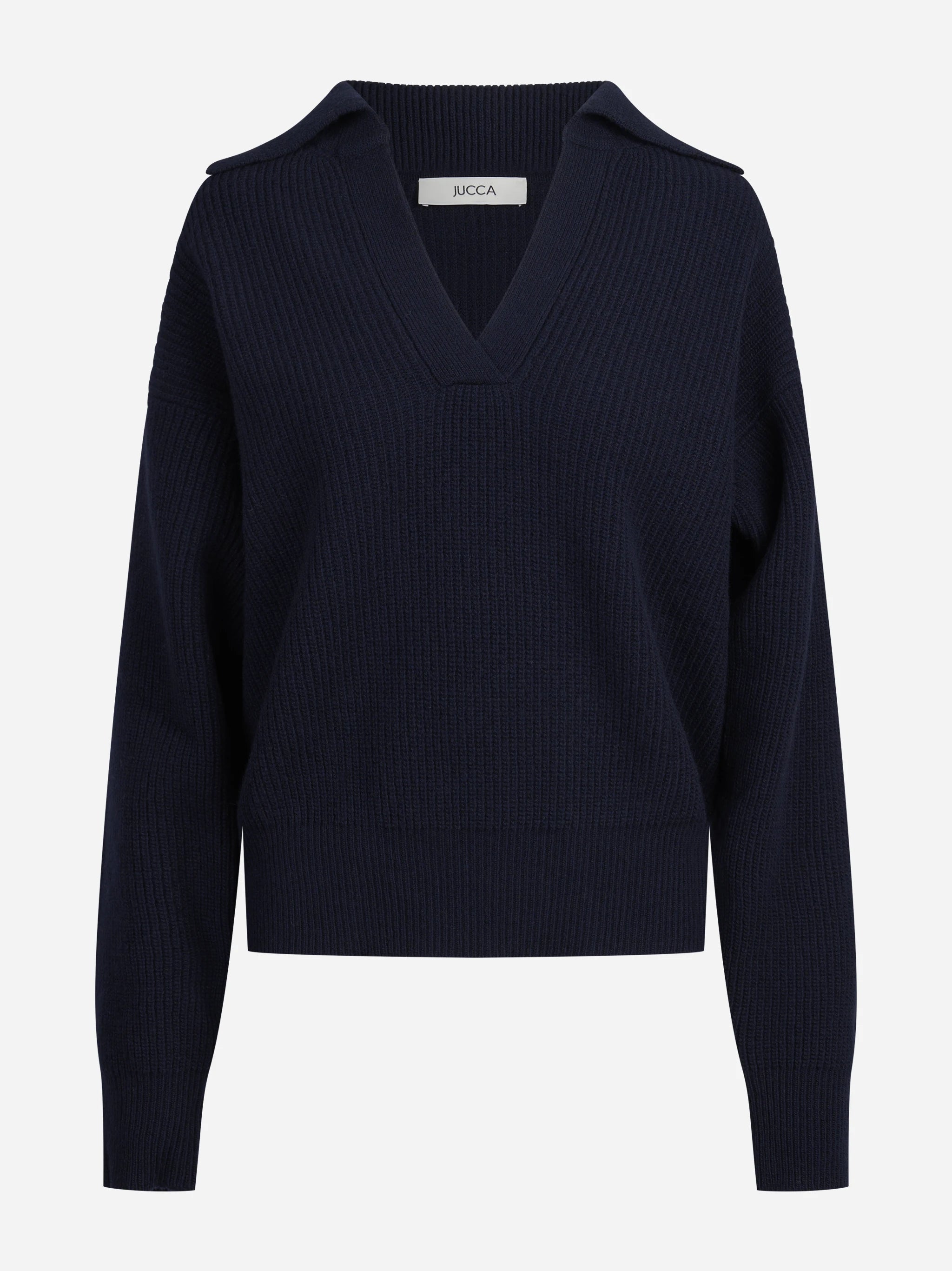Cardigan in lana con zip e lavorazione a pannocchia blu - vista frontale