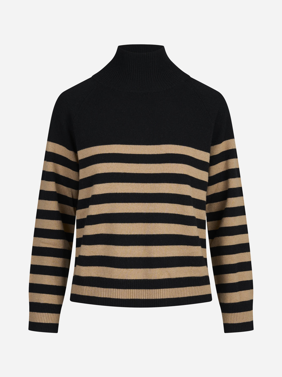 Lupetto raglan a righe nero e cammello - vista frontale