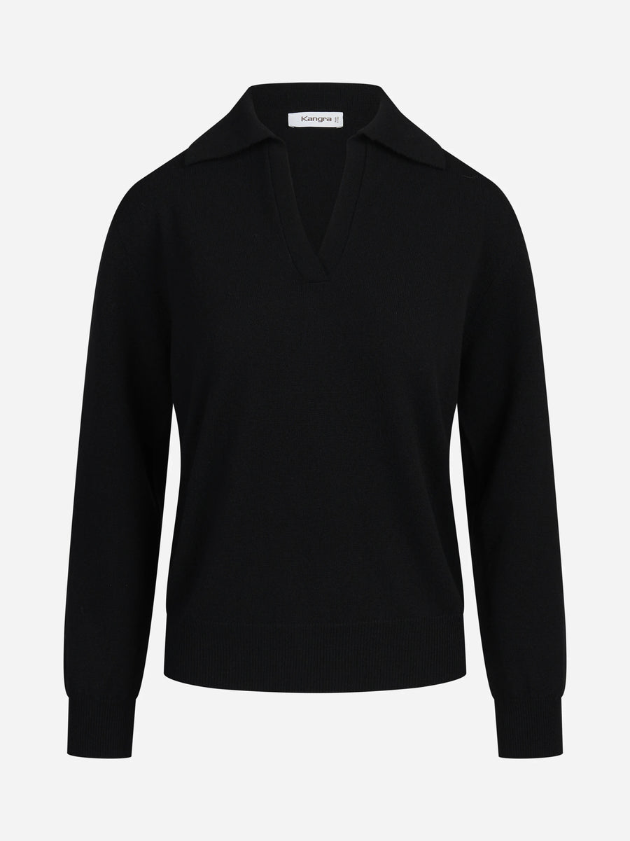 Polo aperta in lana e cashmere nero - vista frontale