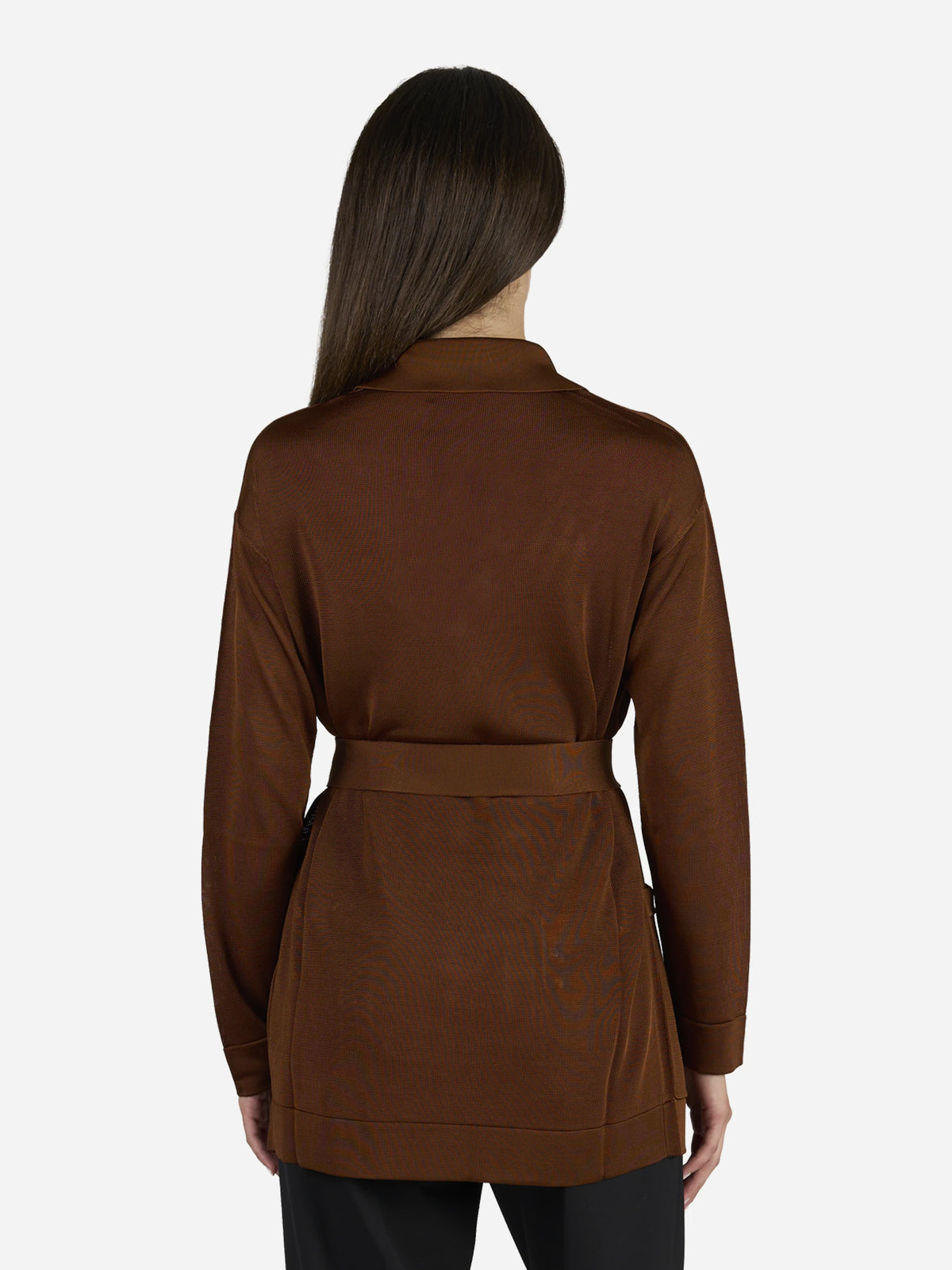 Cardigan in viscosa con cintura marrone - indossato, vista posteriore