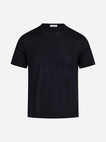Maglia girocollo a maniche corte in lana blu - vista frontale