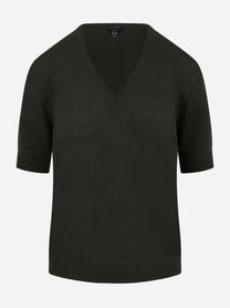 Maglia in cashmere a righe marrone e beige con scollo a V Universel Sport Chic vista frontale