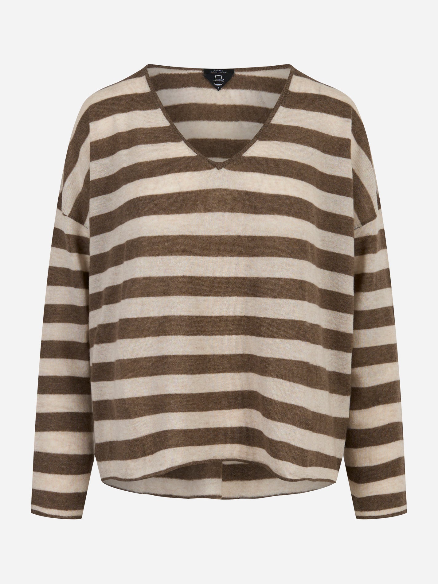 Maglia a righe marrone e panna in cashmere UNIVERSEL SPORT CHIC vista frontale