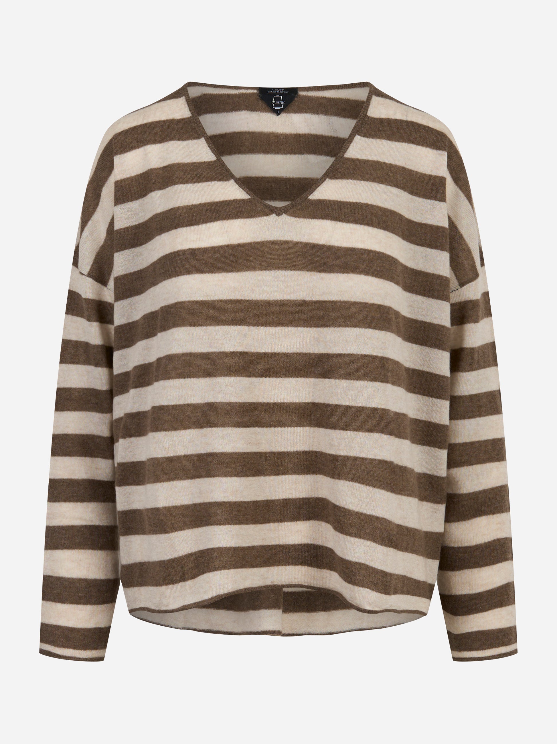 Maglia a righe marrone e panna in cashmere UNIVERSEL SPORT CHIC vista frontale