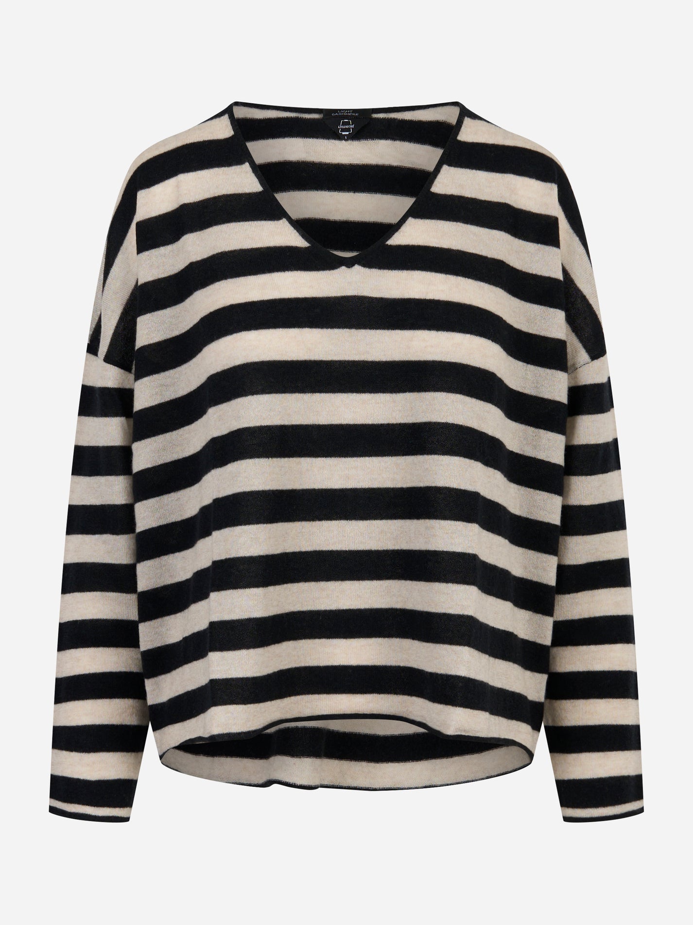 Maglia donna in cashmere con righe beige e nere e scollo a V - Universel Sport Chic