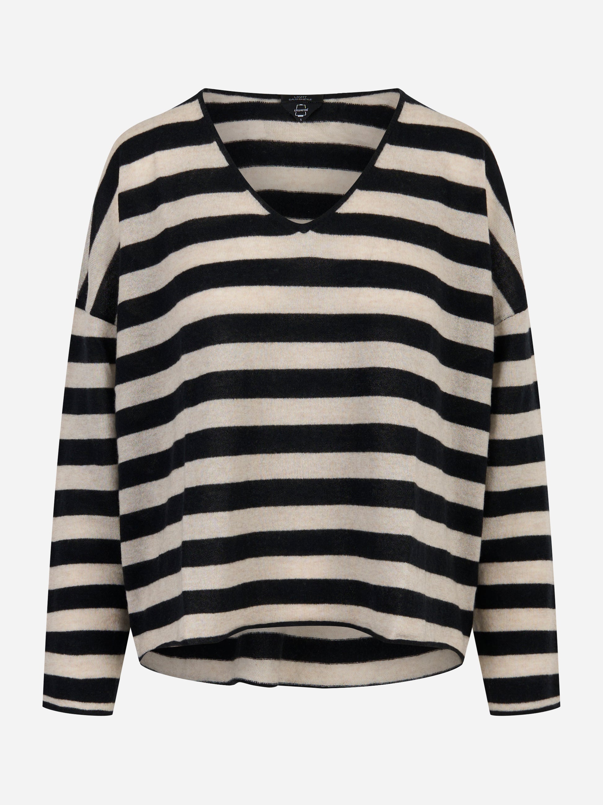 Maglia donna in cashmere con righe beige e nere e scollo a V - Universel Sport Chic