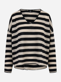 Maglia donna in cashmere con righe beige e nere e scollo a V - Universel Sport Chic