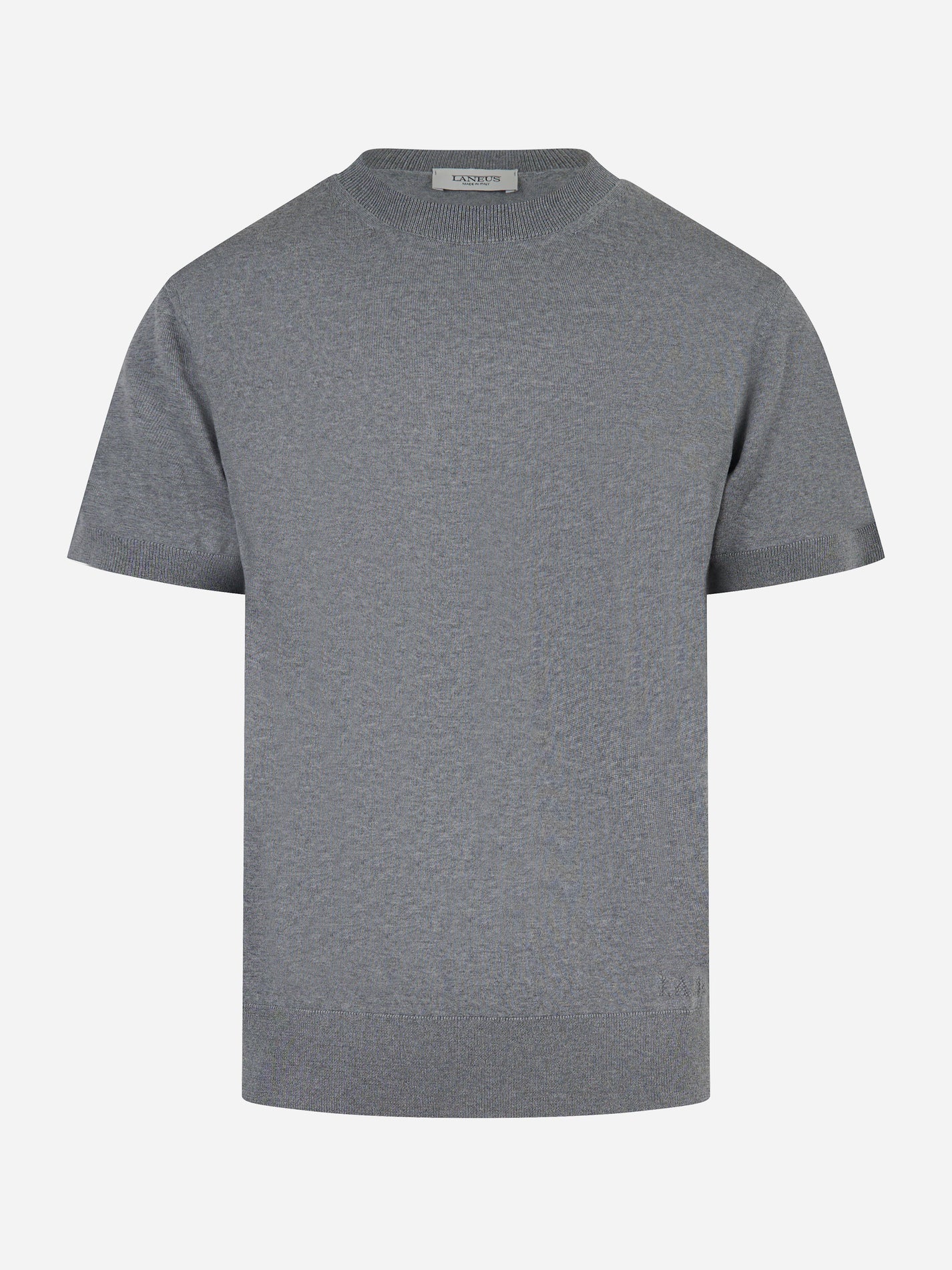 Maglia grigia manica corta in lana merinos e cashmere Laneus vista frontale