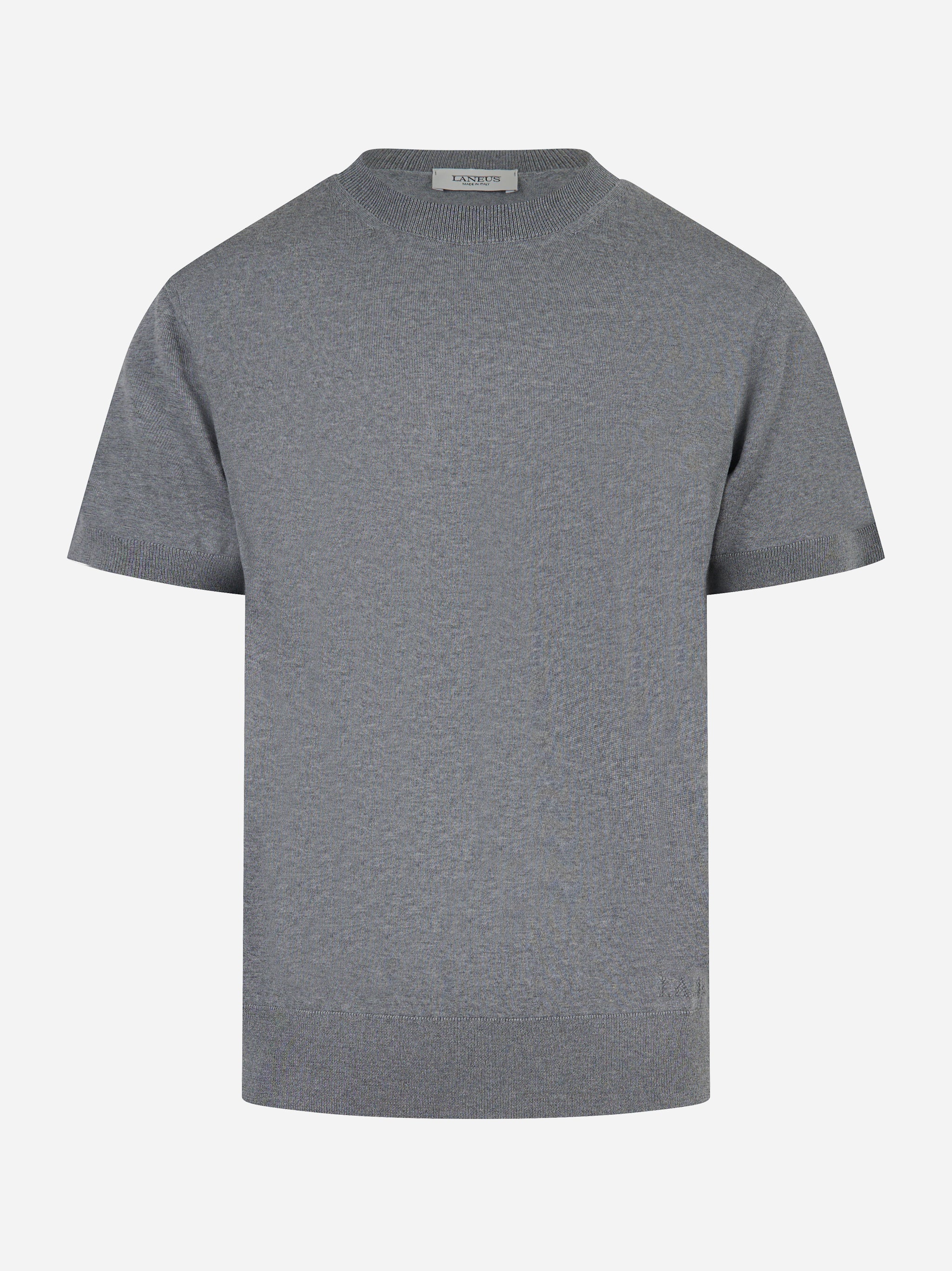 Maglia grigia manica corta in lana merinos e cashmere Laneus vista frontale