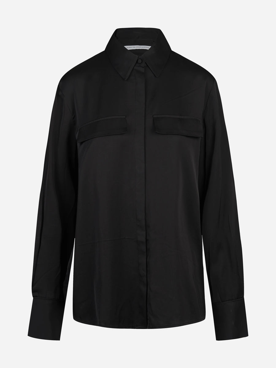 Camicia regular nera con abbottonatura nascosta e piping MAR DE MARGARITAS - vista frontale