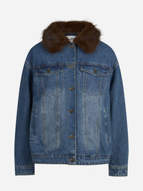 Giacca Dails in denim con collo effetto pelliccia blu - vista frontale