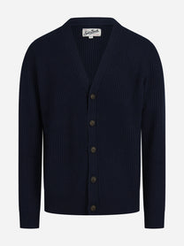Cardigan Herrison a coste in lana blu - vista frontale