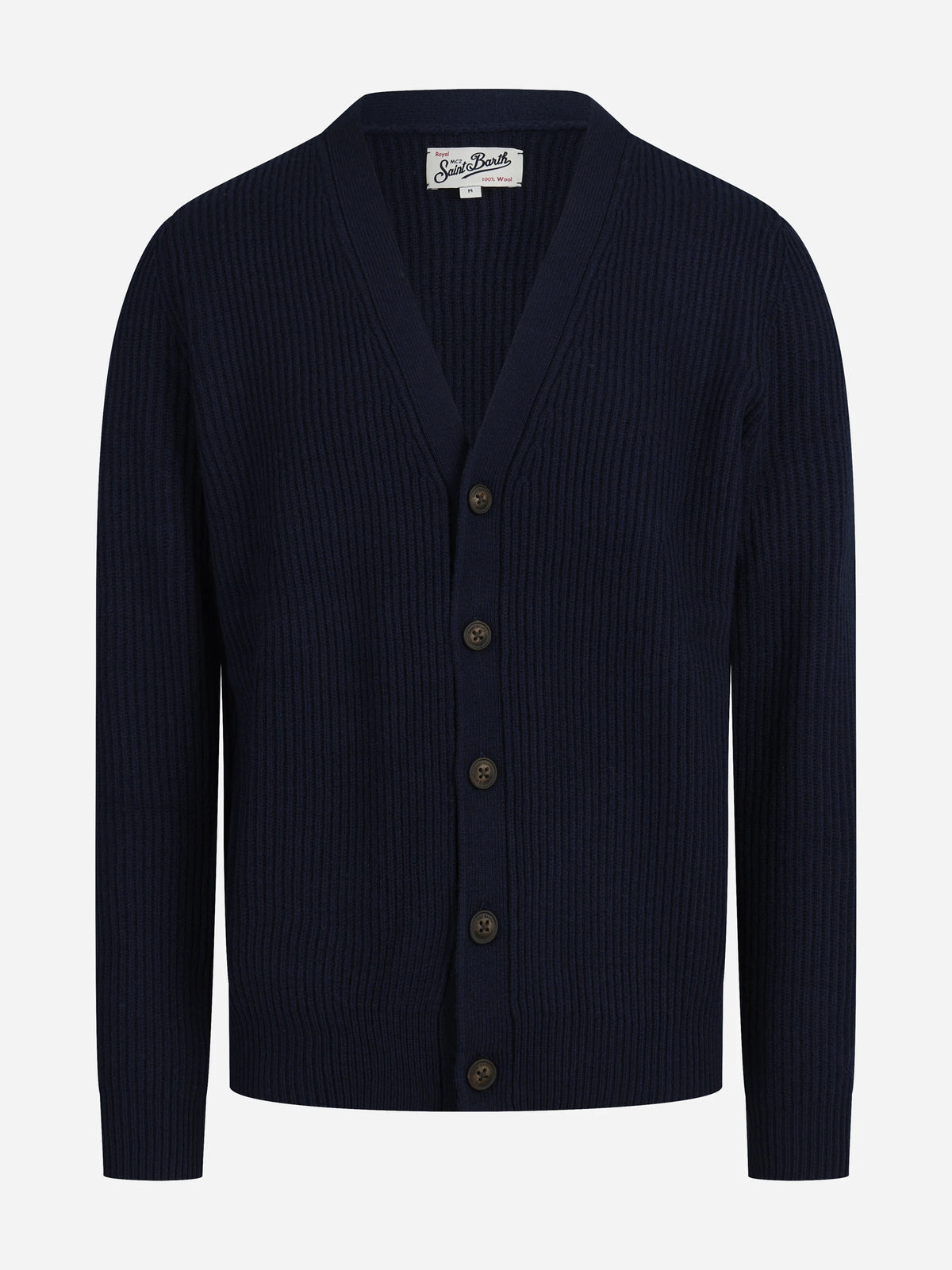 Cardigan Herrison a coste in lana blu - vista frontale