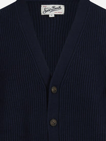 Cardigan Herrison a coste in lana blu - dettaglio del ricamo o della costruzione