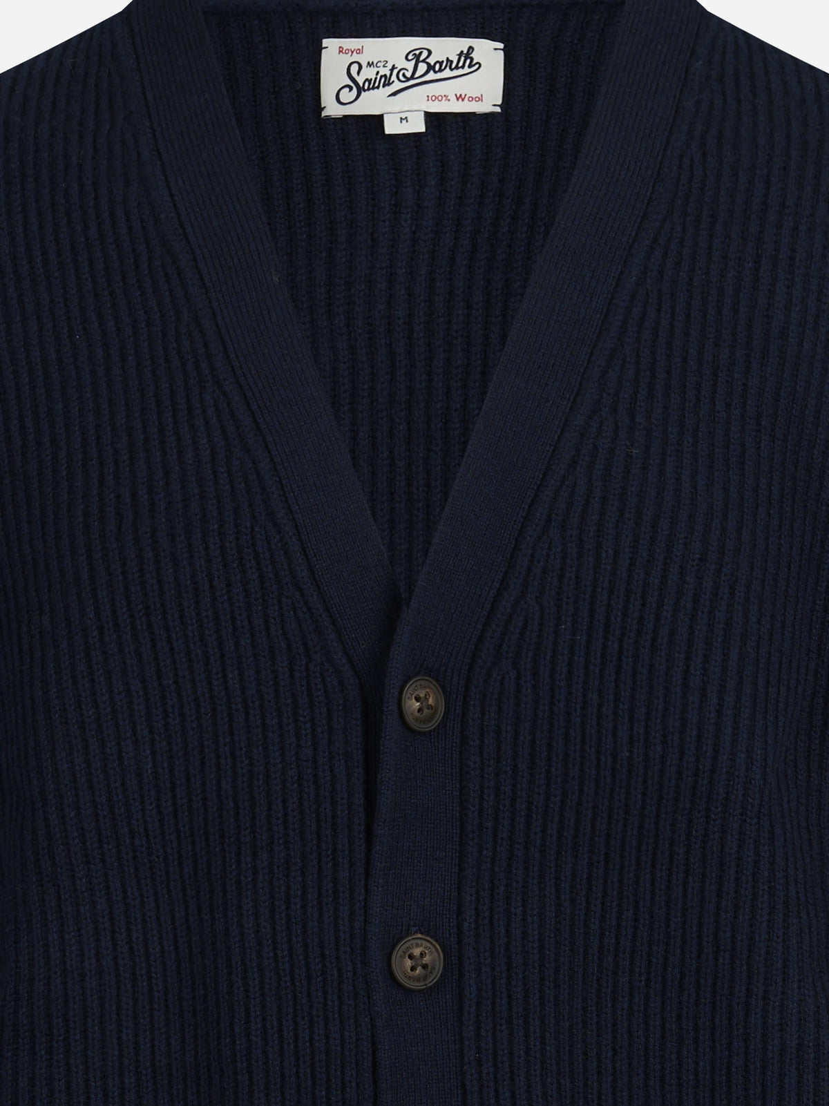 Cardigan Herrison a coste in lana blu - dettaglio del ricamo o della costruzione