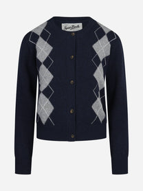 Cardigan Sierra a rombi in misto lana blu - vista frontale