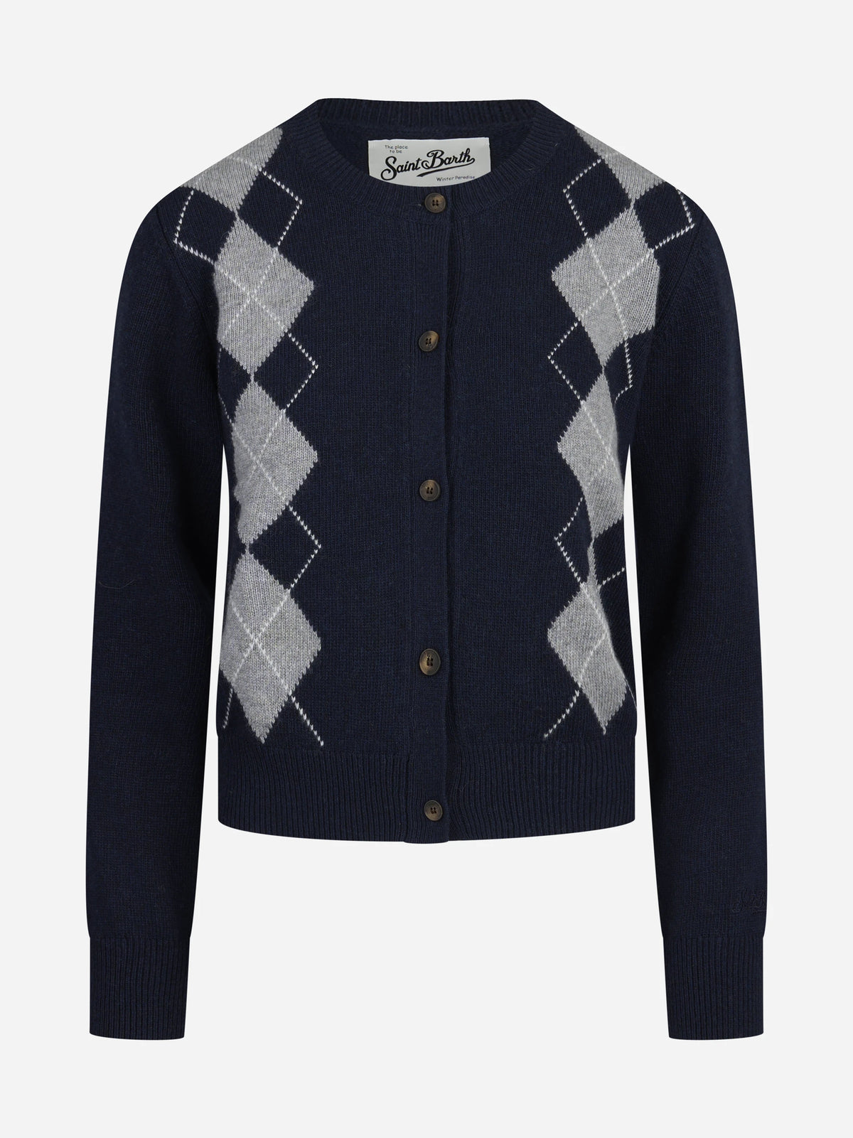 Cardigan Sierra a rombi in misto lana blu - vista frontale