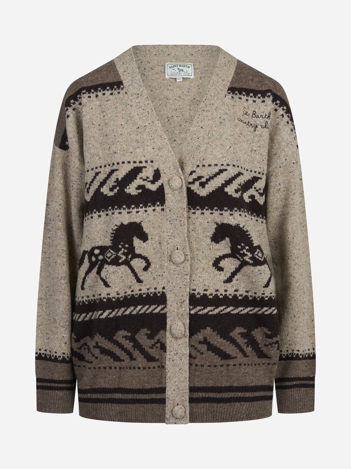 Cardigan Sasi Donegal con motivi nordici e cavalli marrone - vista frontale