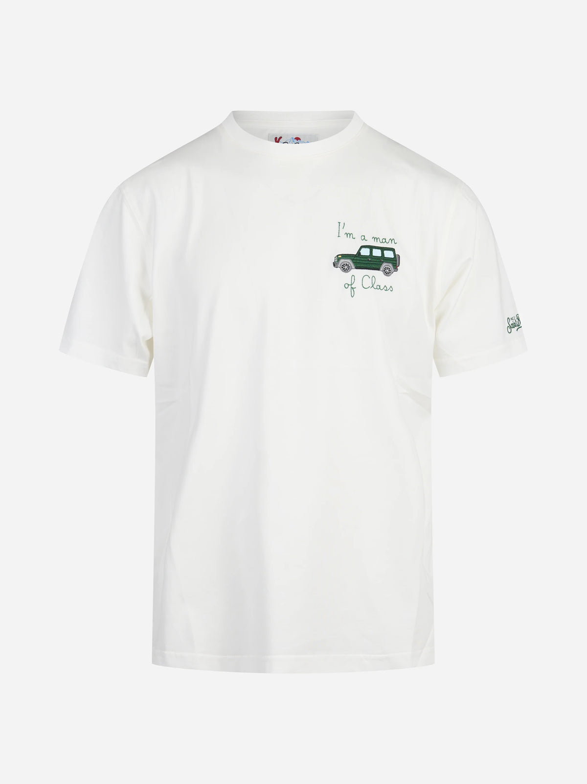 T-shirt Arnott con ricamo automobile bianca - vista frontale