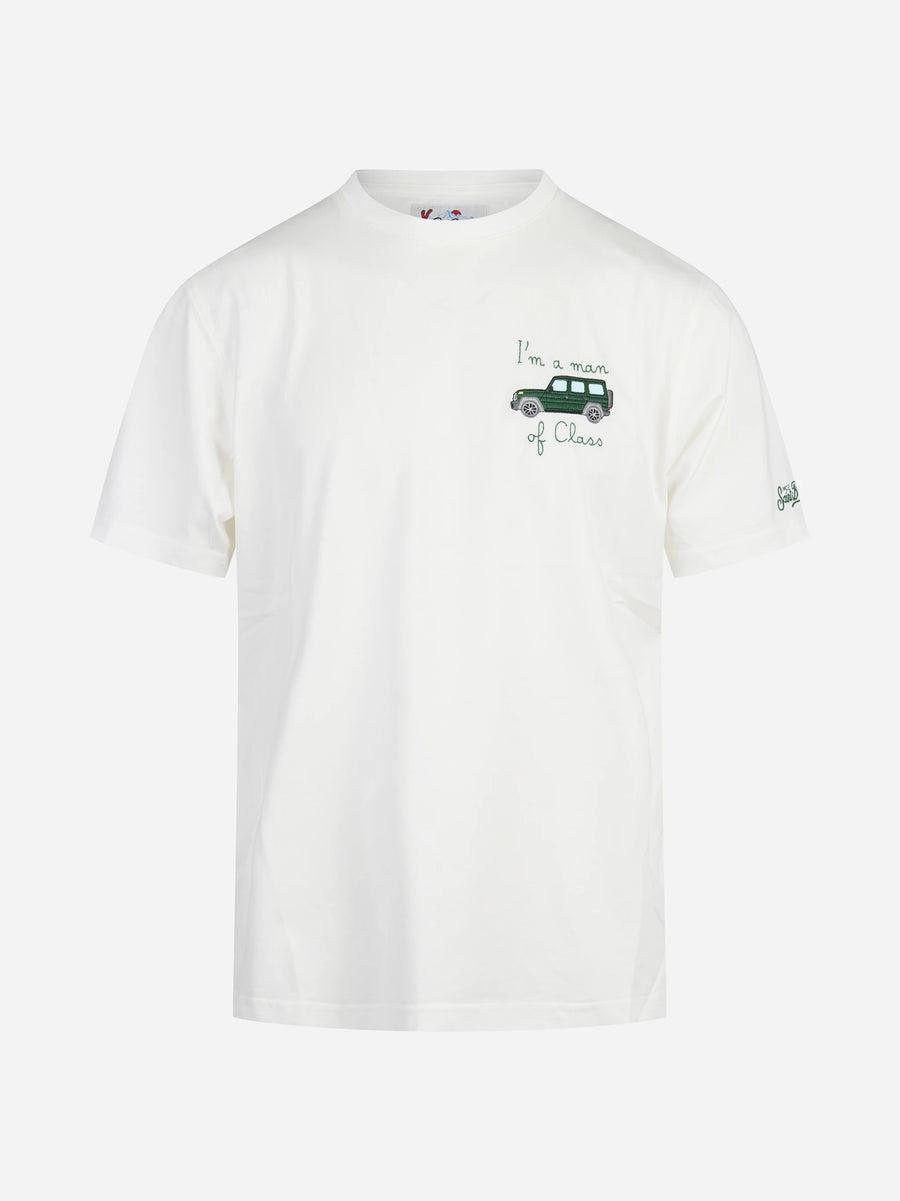 T-shirt Arnott con ricamo automobile bianca - vista frontale