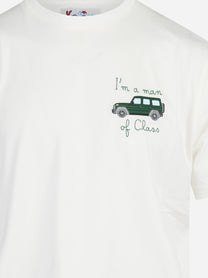T-shirt Arnott con ricamo automobile bianca - dettaglio del ricamo o della costruzione