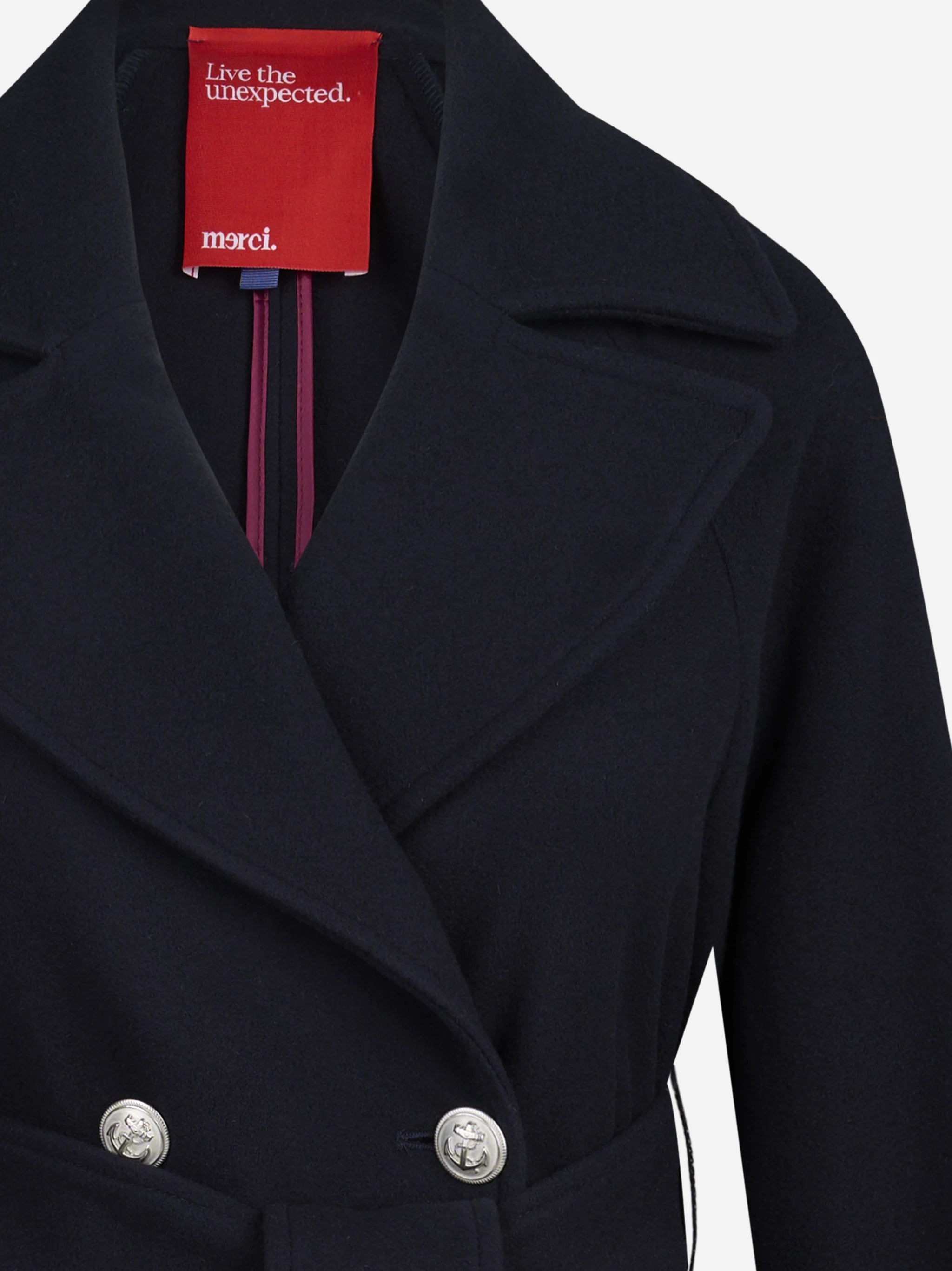 Cappotto lungo doppiopetto con cintura blu - dettaglio del prodotto
