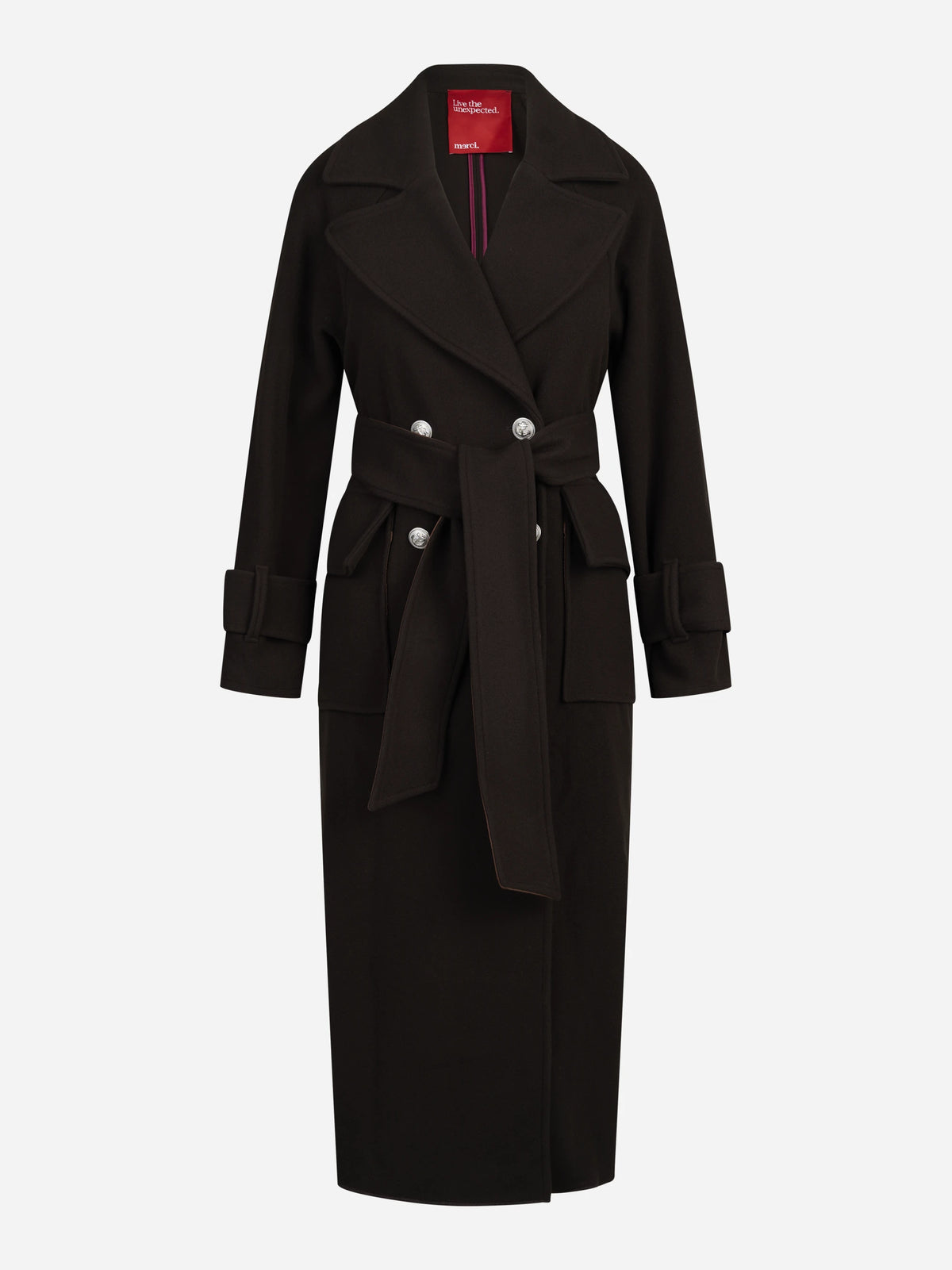 Cappotto lungo doppiopetto con cintura marrone - vista frontale