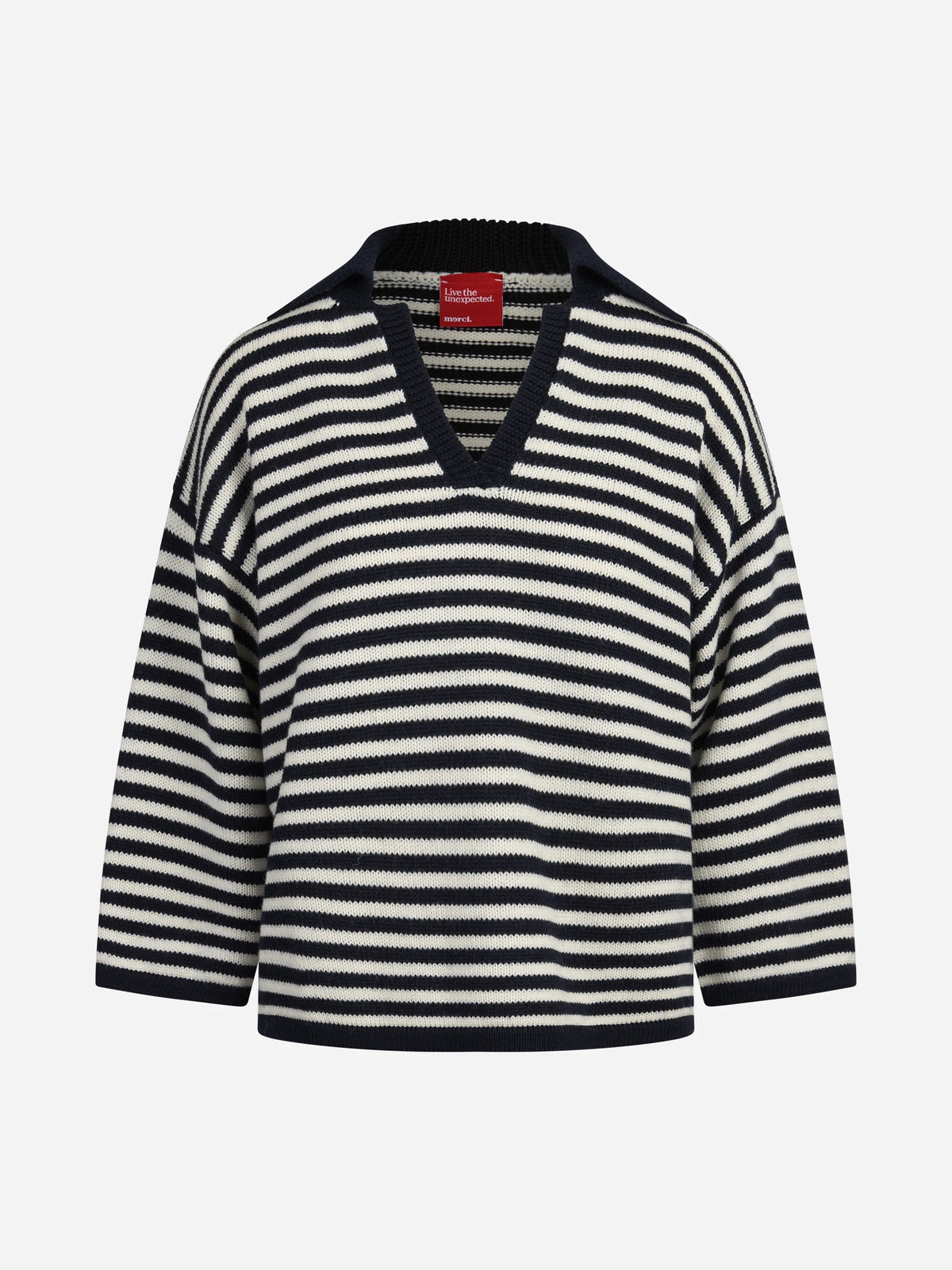 Polo rigata in lana blu e bianca - vista frontale