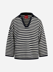Polo rigata in lana blu e bianca - vista frontale
