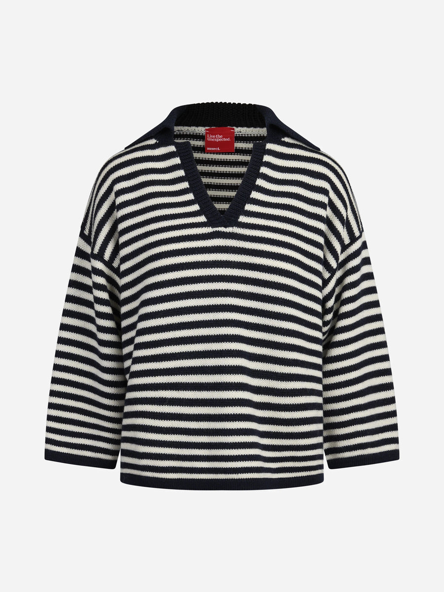 Polo rigata in lana blu e bianca - vista frontale