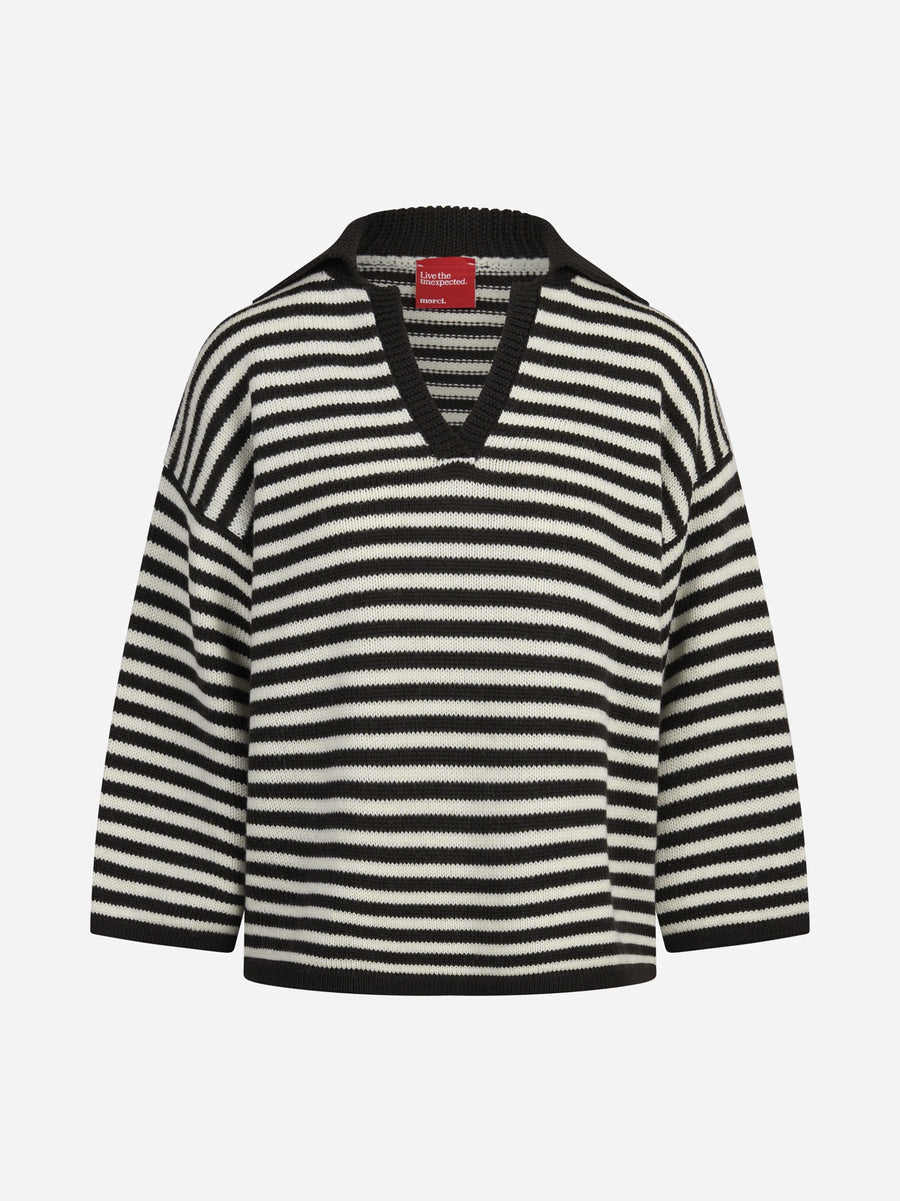 Polo rigata in lana marrone e bianca - vista frontale