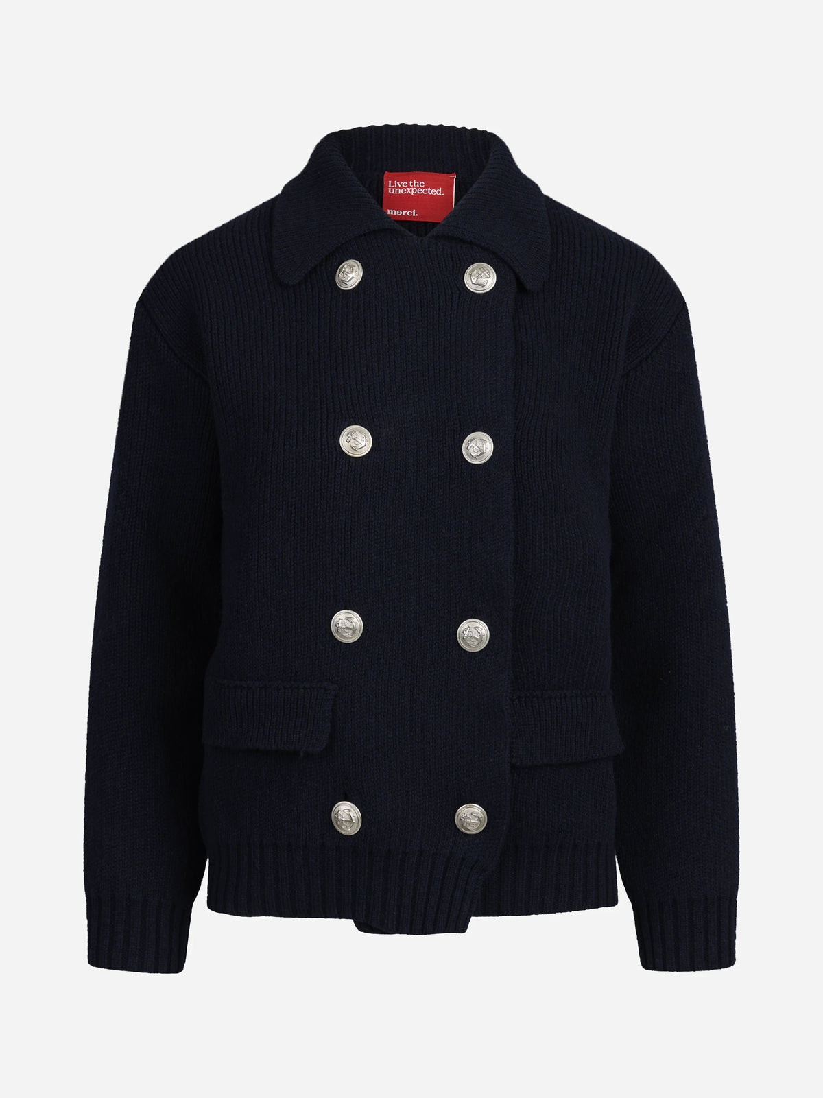 Cardigan bomber doppiopetto in lana blu - vista frontale