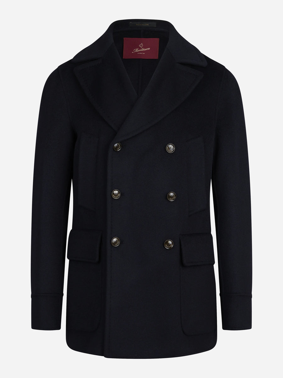 Cappotto doppiopetto in lana e cashmere blu - vista frontale