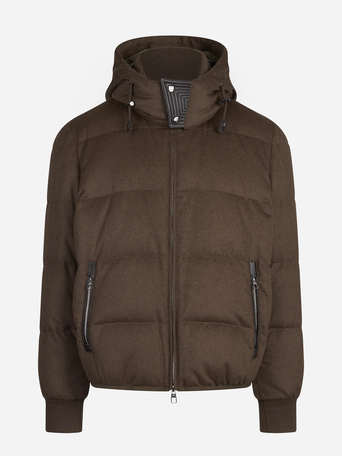 Piumino in lana con cappuccio marrone - vista frontale