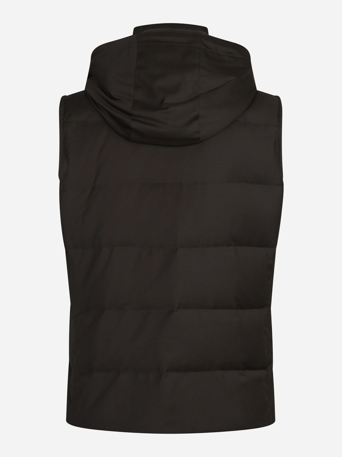 Gilet imbottito con cappuccio in lana vergine marrone - vista posteriore