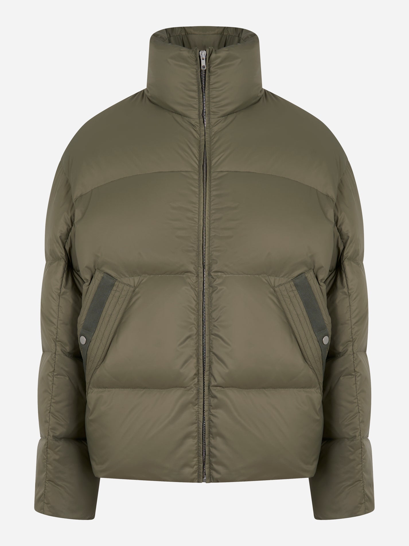 Piumino con collo alto color verde militare di Mordecai, vista frontale