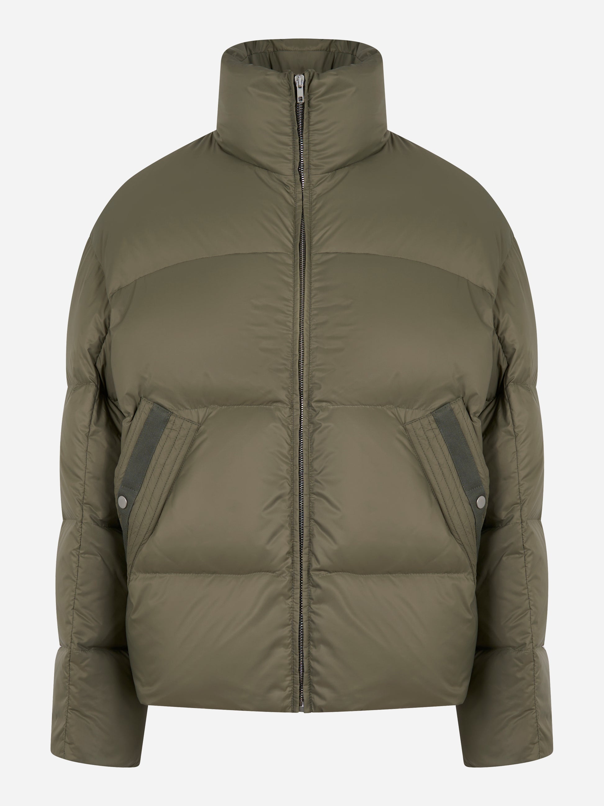 Piumino con collo alto color verde militare di Mordecai, vista frontale
