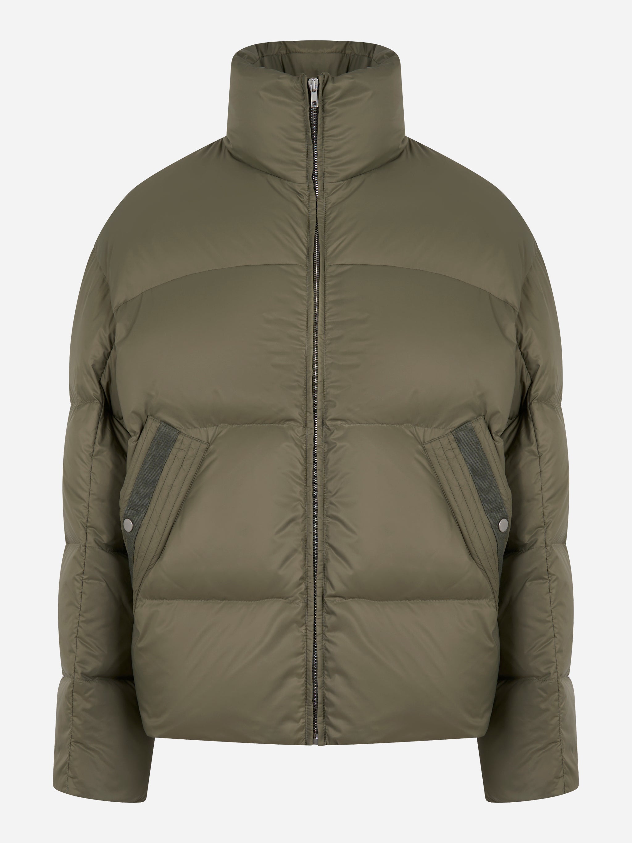 Piumino con collo alto color verde militare di Mordecai, vista frontale