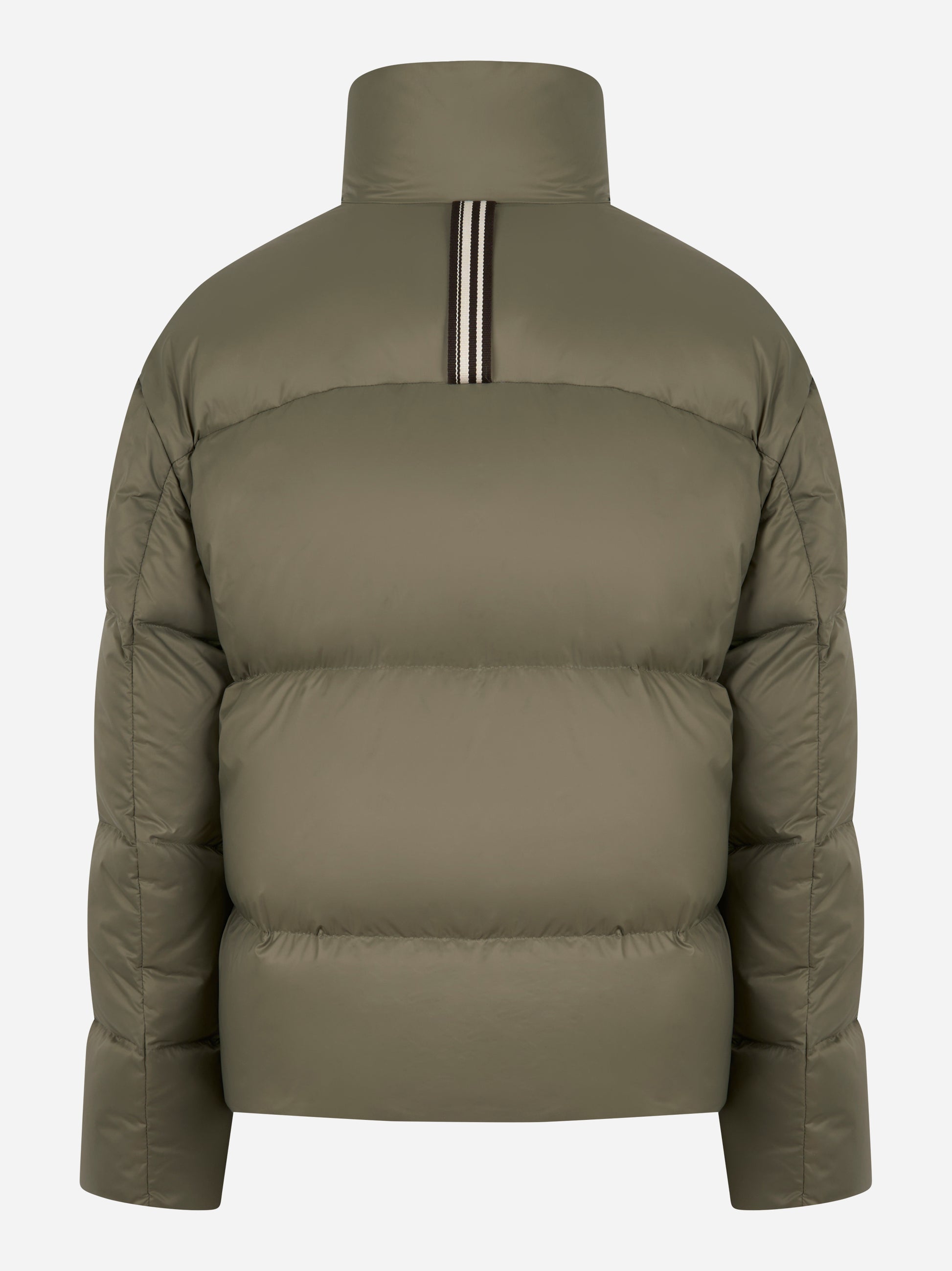 Piumino con collo alto color verde militare di Mordecai, vista posteriore