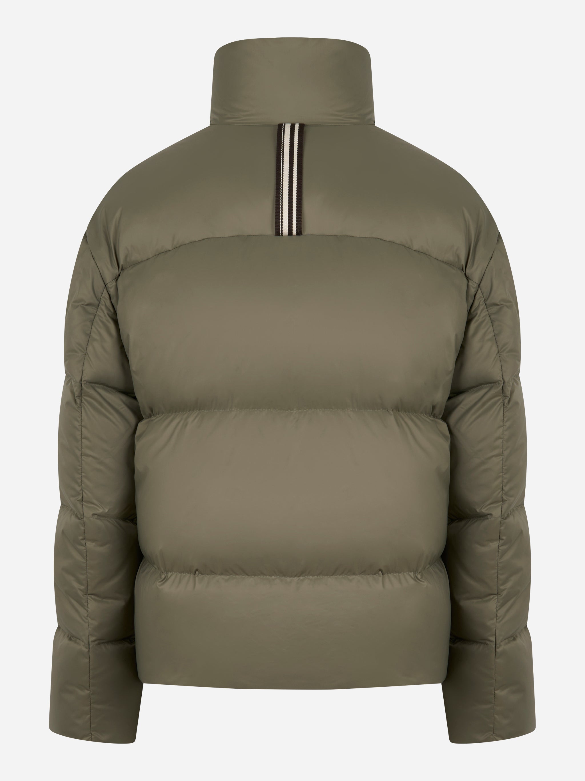 Piumino con collo alto color verde militare di Mordecai, vista posteriore