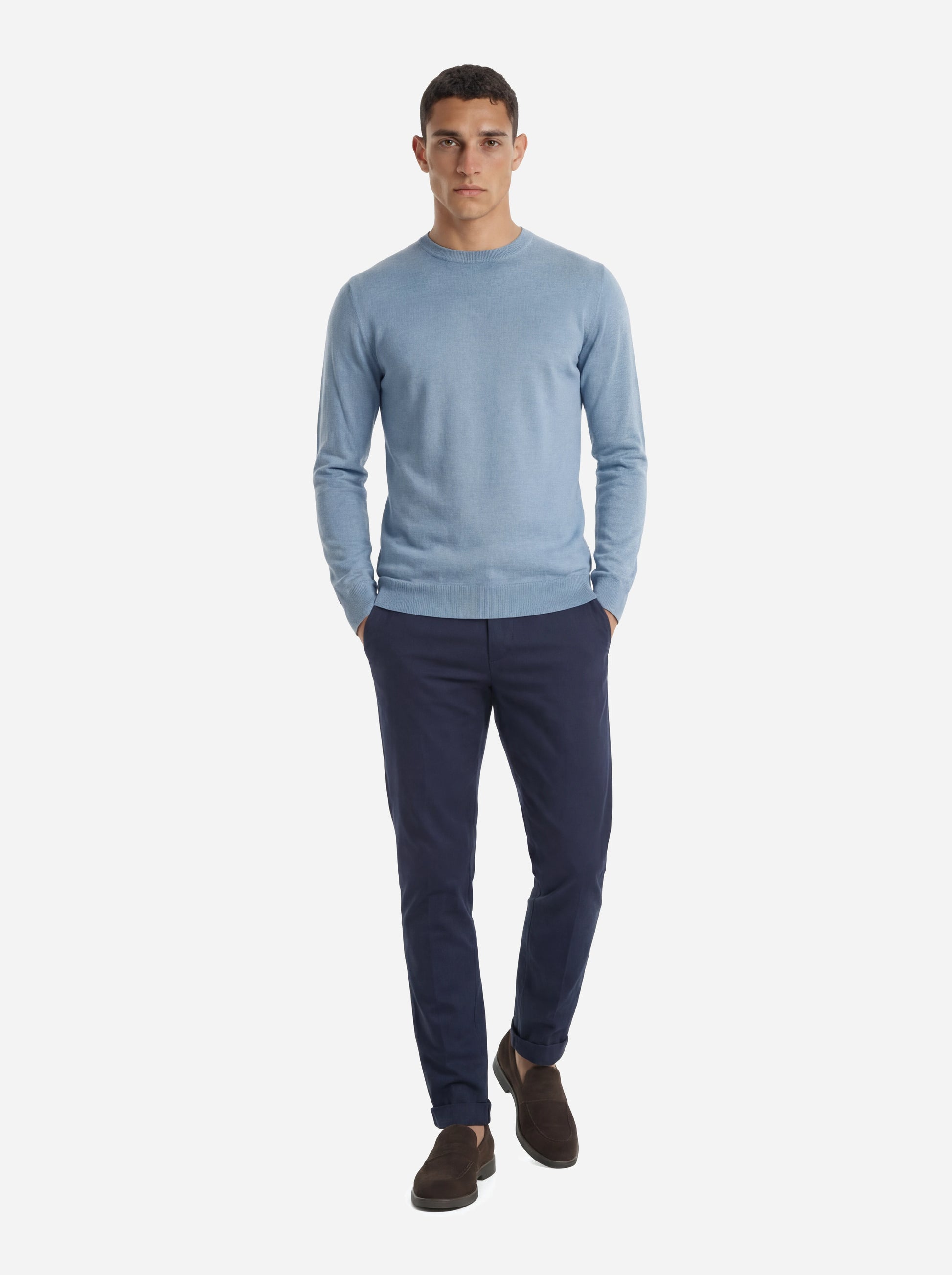 Maglia girocollo manica lunga in misto cotone celeste